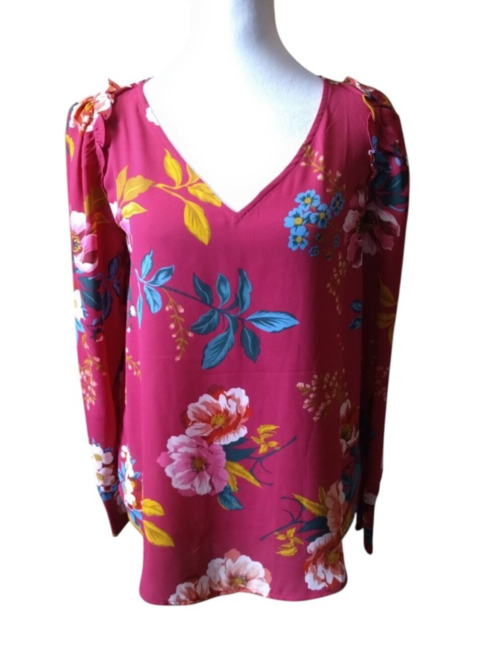 LOFT Pink Floral Ruffle V-Neck Pullover Blouse Size XS Feminine Cottagecore